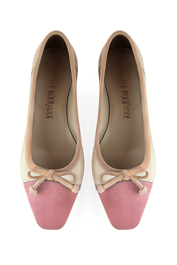 Dusty rose pink, gold and biscuit beige women's ballet pumps, with low heels. Square toe. Flat flare heels. Top view - Florence KOOIJMAN